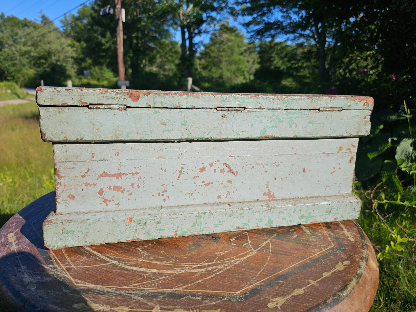 Beautiful Antique Small Size Tool Box with Original Old Blue Paint Surface, 18" x 10" x 8"