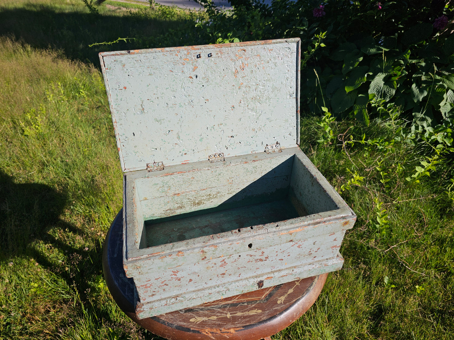 Beautiful Antique Small Size Tool Box with Original Old Blue Paint Surface, 18" x 10" x 8"