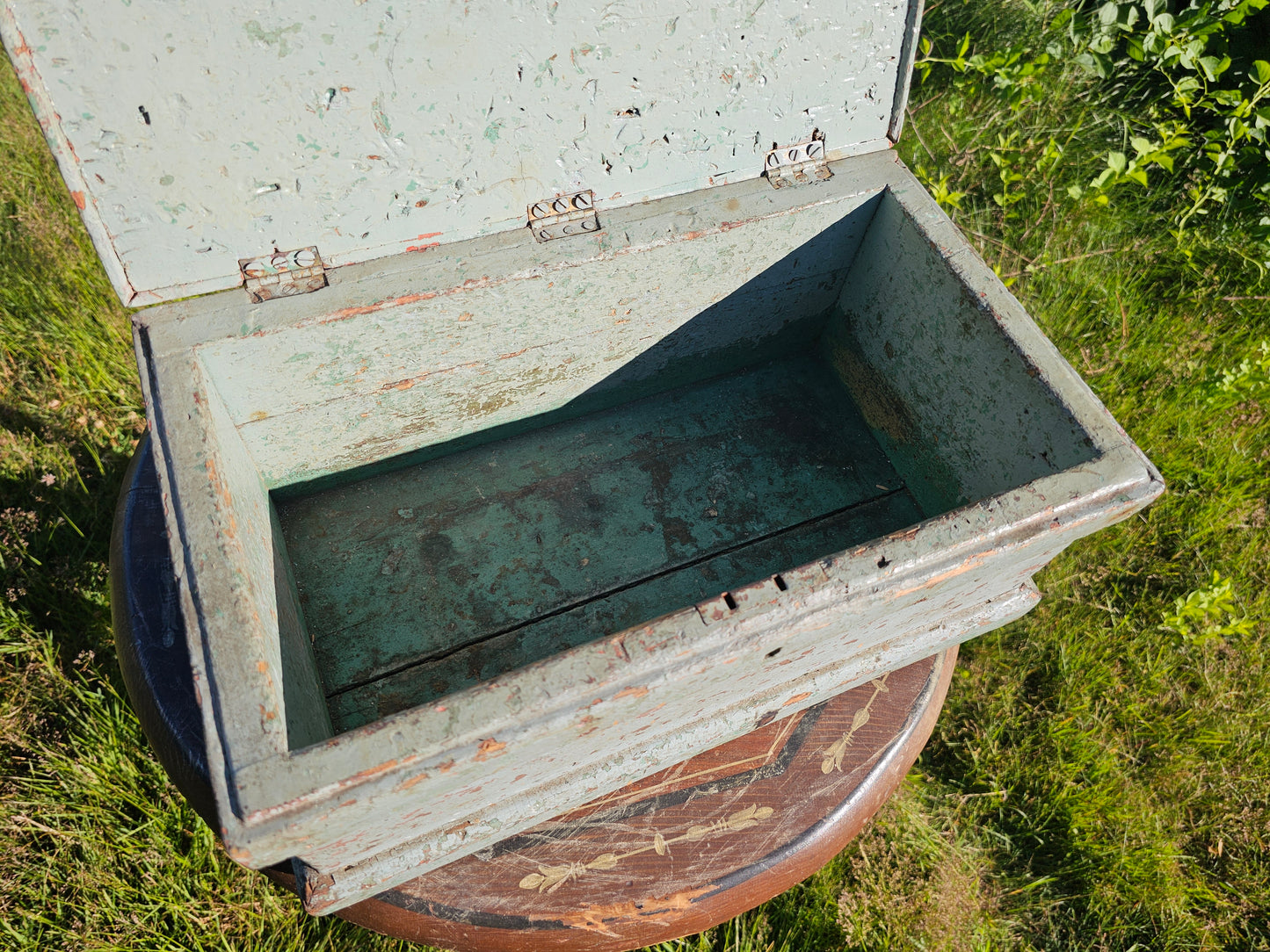 Beautiful Antique Small Size Tool Box with Original Old Blue Paint Surface, 18" x 10" x 8"