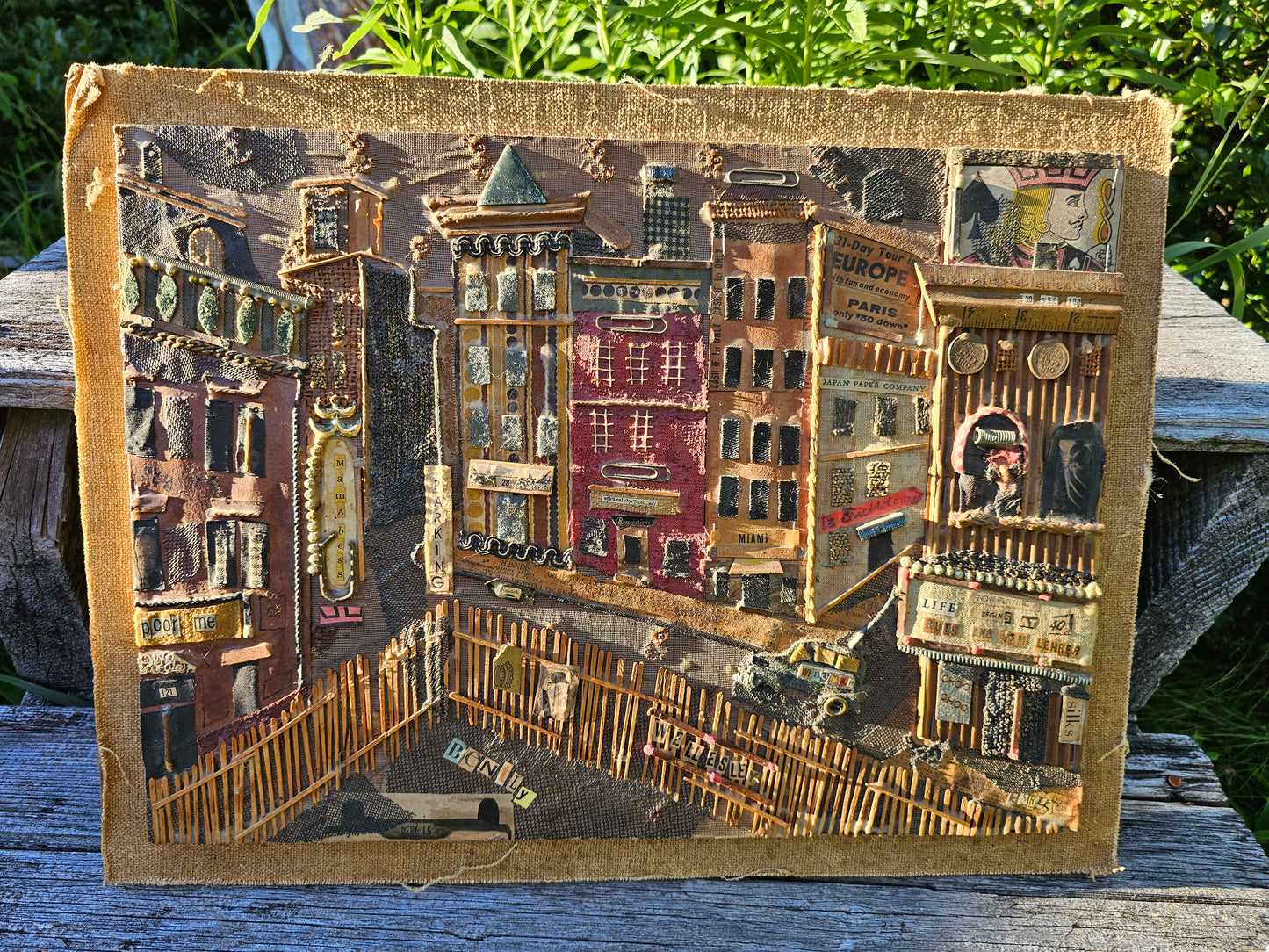 Vintage Mixed Media Collage Art, Scene of a City Street, Signed Karlson (?)