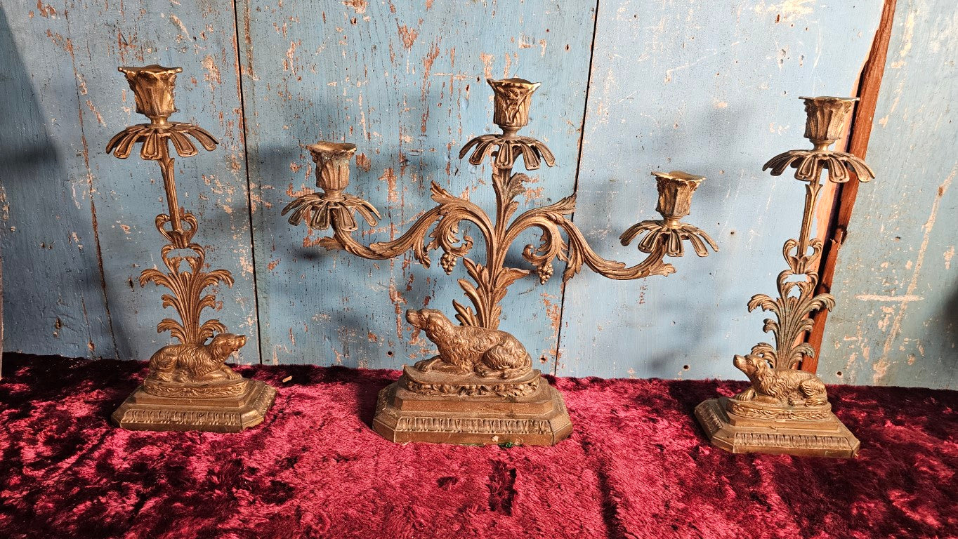 Antique Brass Girondole Candle Holder Set With One Center Piece And Two Sides, Misc Crystals Included