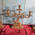 Lot 001 - Antique Brass Girandole Candle Holder Set With One Center Piece And Two Sides, Misc Crystals Included
