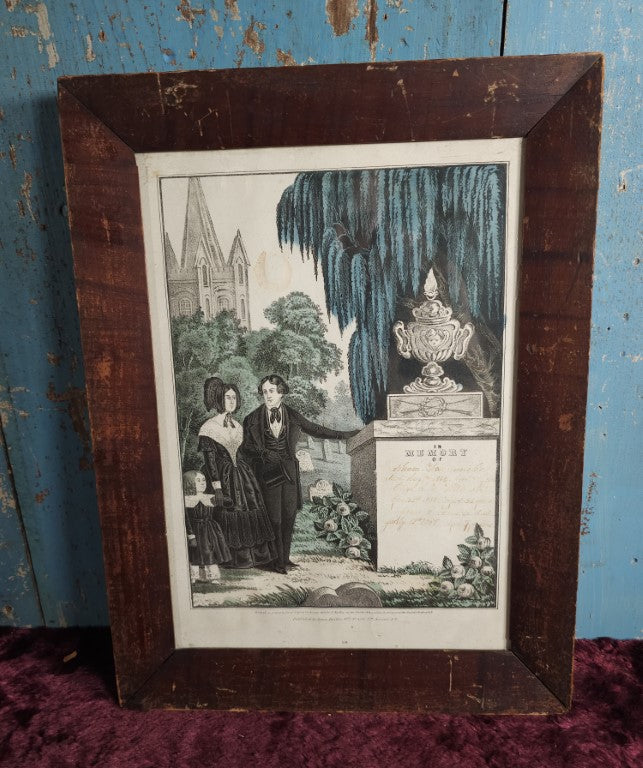 Antique Hand Colored Mourning Lithograph, Published By James Baillie, 1849, Filled Out