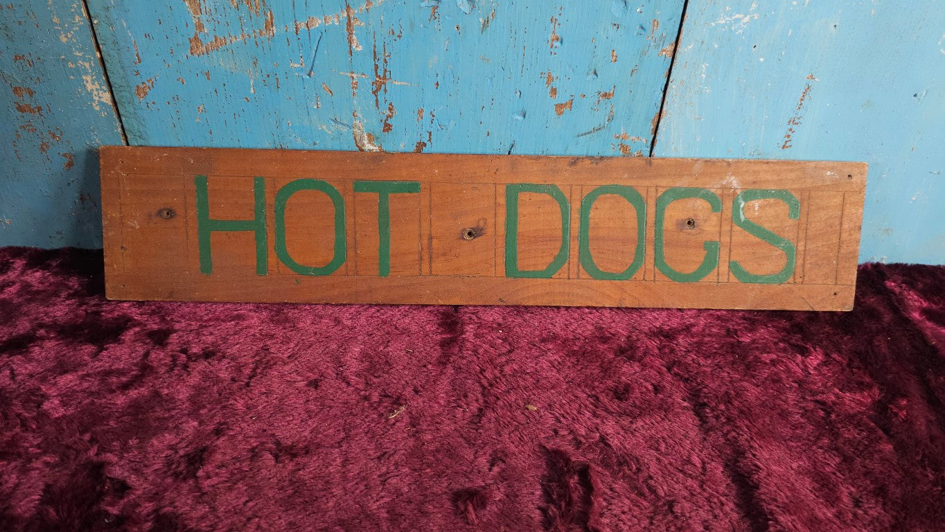 Vintage Hand Painted Hot Dogs Sign, Green Paint On Wood