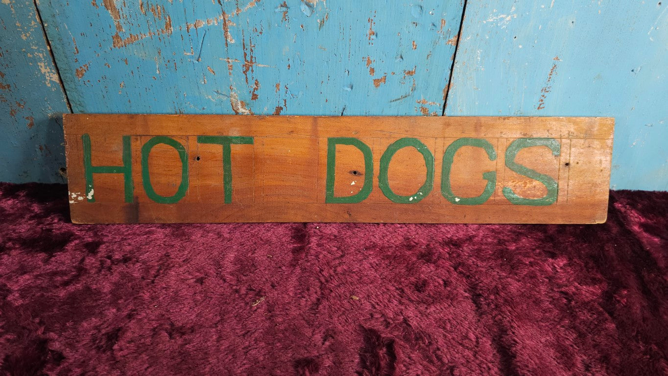 Vintage Hand Painted Hot Dogs Sign, Green Paint On Wood