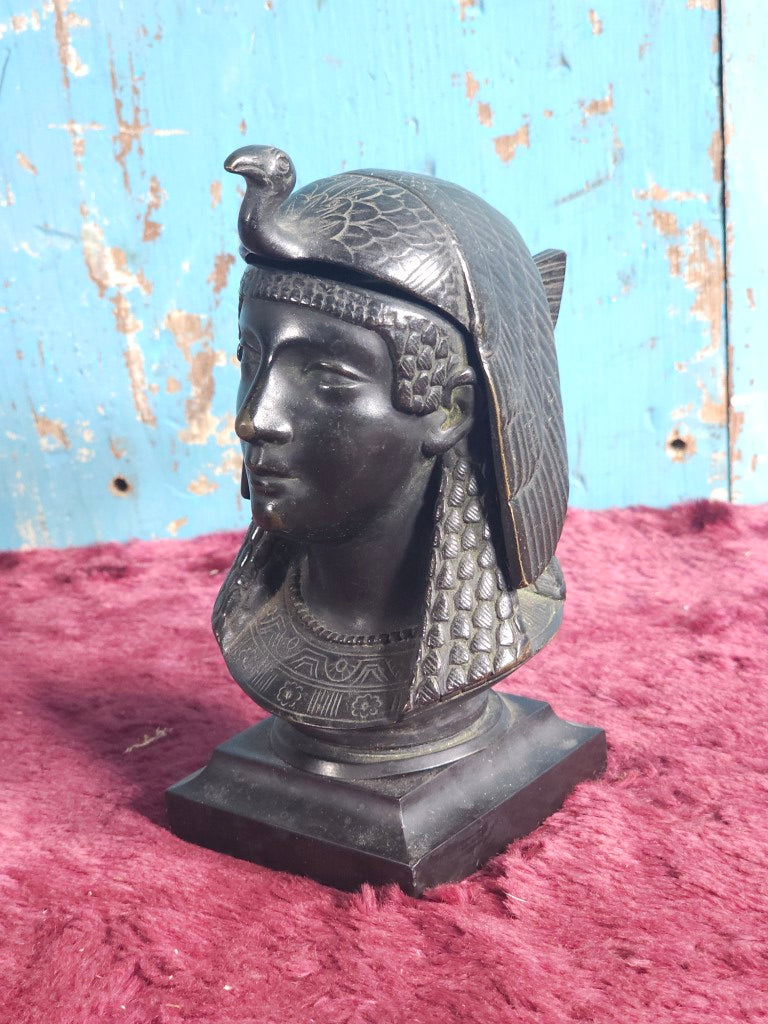 Figural Egyptian Revival Lady Head Inkwell, No Insert, Damage To Base Corners