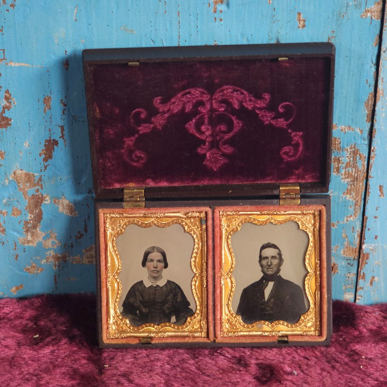 Antique Thermoplastic Hard Image Case With Children And Pets, Containing Two Ambrotype Photos