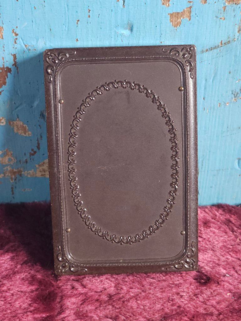 Antique Thermoplastic Hard Image Case With Children And Pets, Containing Two Ambrotype Photos