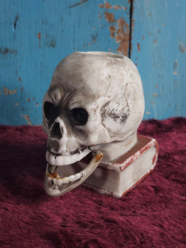 Vintage Bisque Skull Nodder, Paint Remnants, Made In Japan