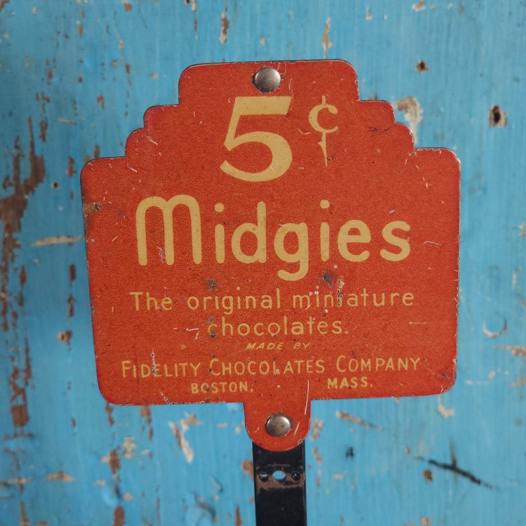 Vintage 5c "Midgies" Miniature Chocolate Candy Display, By Fidelity Chocolates Company, Boston, Ma