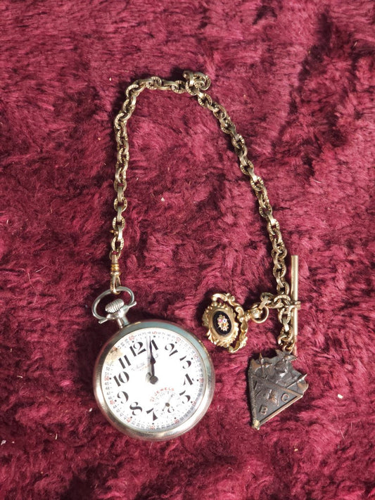 Antique Pocket Watch With Watch Chain And Locket Fob Containing Hair Memento, Broken Glass, And FCB Watch FOB, Includes Box