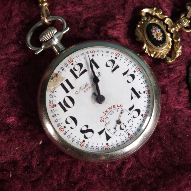 Antique Pocket Watch With Watch Chain And Locket Fob Containing Hair Memento, Broken Glass, And FCB Watch FOB, Includes Box