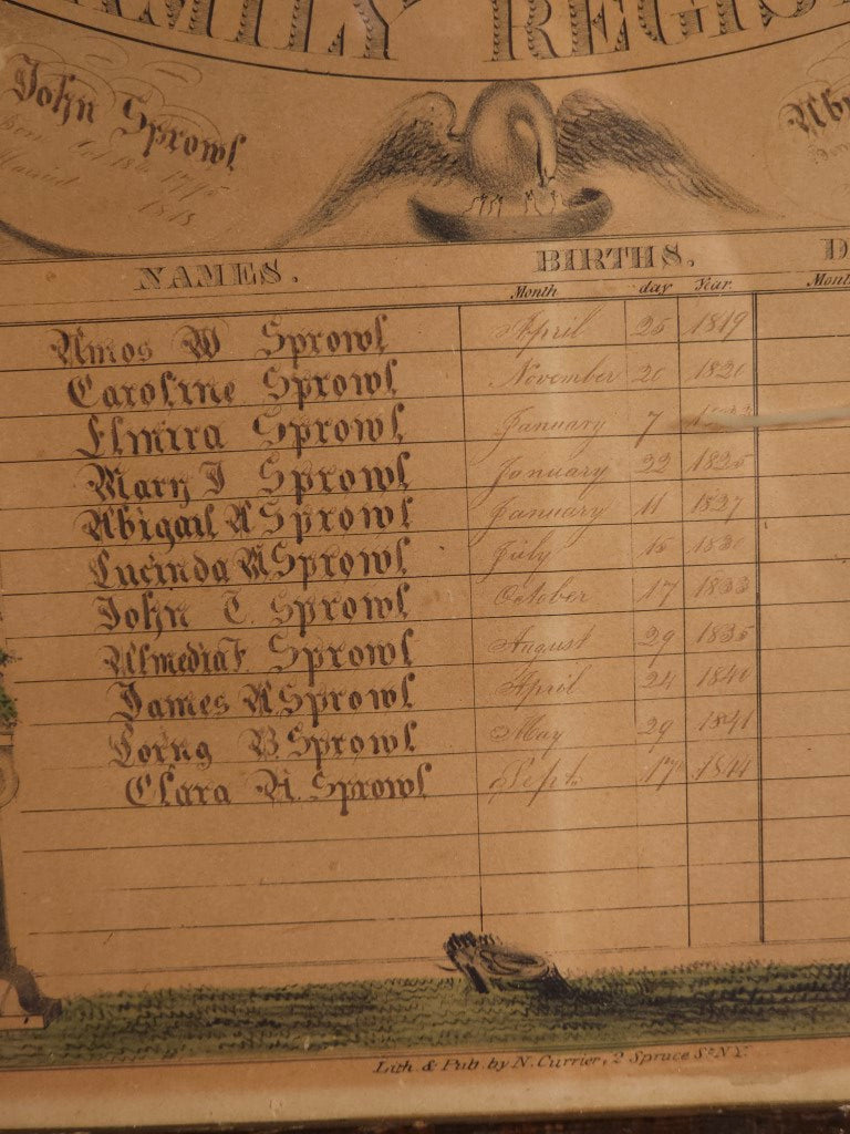 Antique Family Register Lithograph, Hand Filled, Published By N. Currier, Sprowl Family