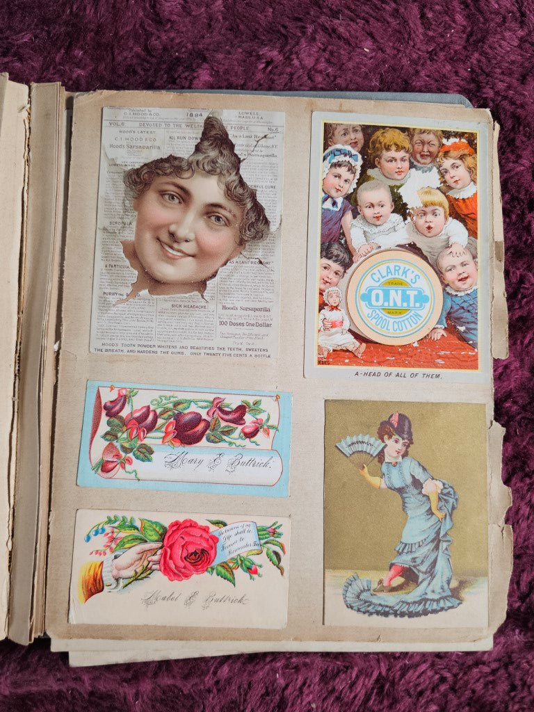 Antique Trade Card Scrapbook With Bird And Capitol Building Motif On Cover, Many Scraps And Cards