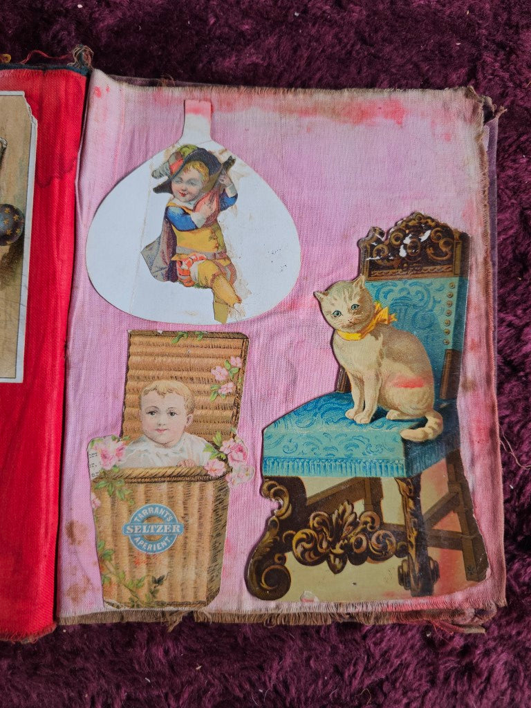 Antique Scrapbook With Linen Pages, Many Interesting Cards