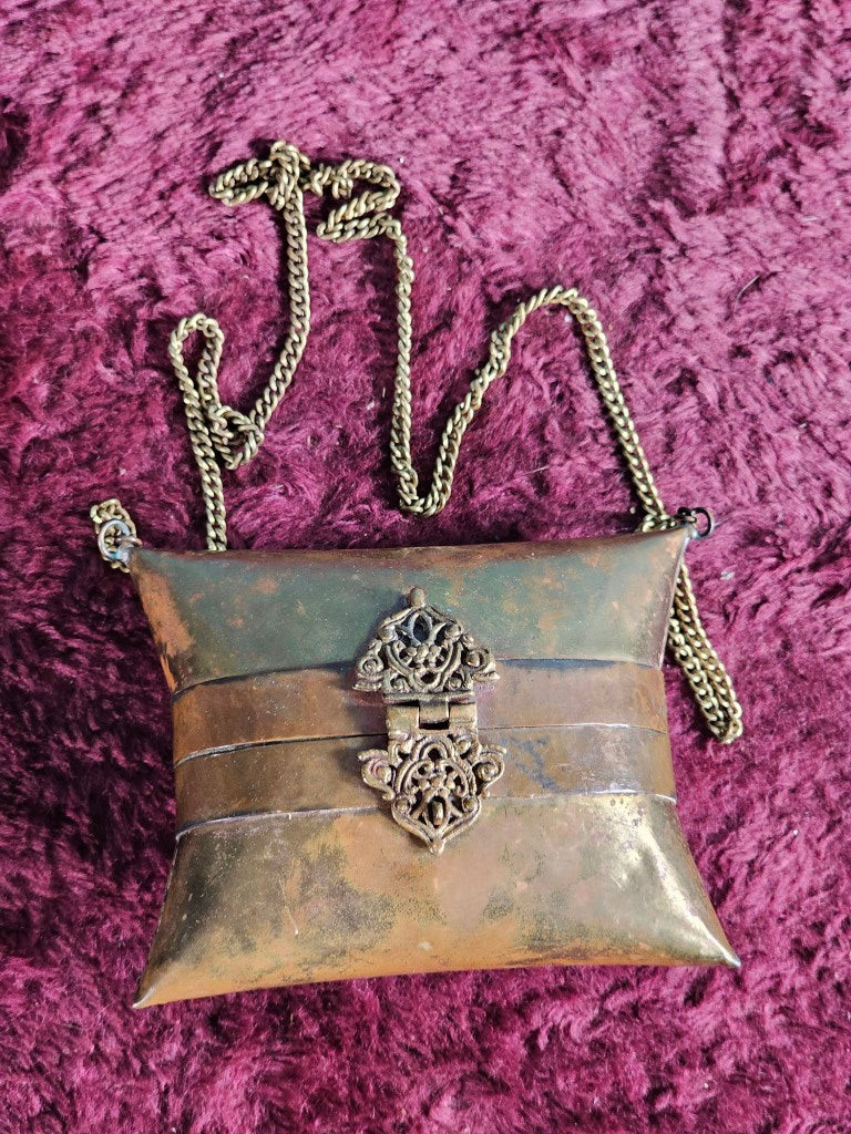 Vintage Metal / Copper Purse With Chain Strap, Red Velvet Lining