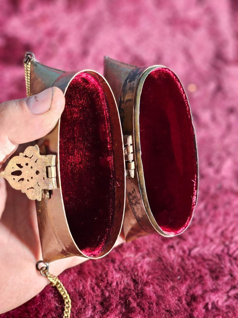 Vintage Metal / Copper Purse With Chain Strap, Red Velvet Lining