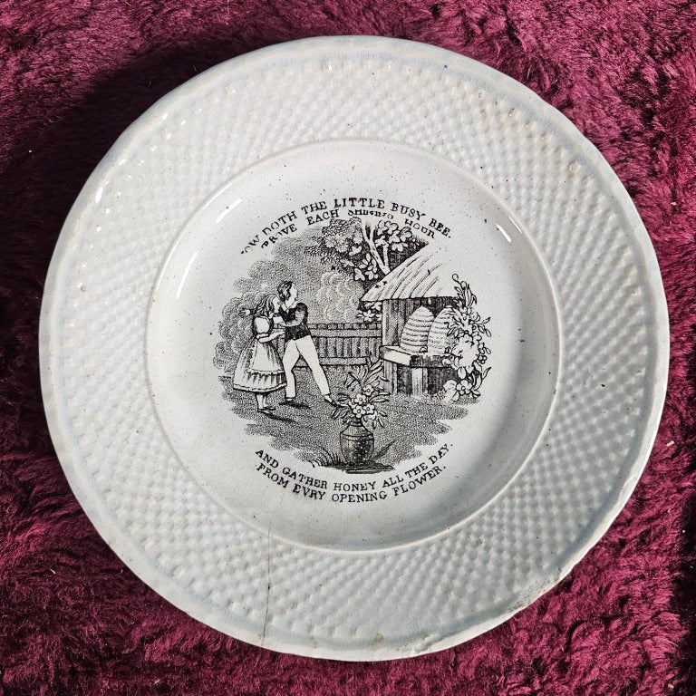 Antique Plate With Beekeeper Motif, Various Chipping And Wear