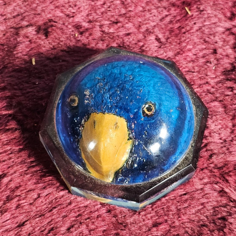 Vintage Reverse Painted Blue Bird Head Glass Paperweight