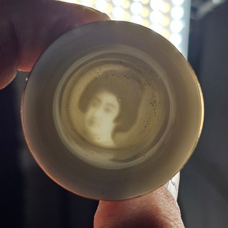 Vintage Tiny Lithophane Sake Cup, Point Toward Light And A Face Appears, Rim Chipped