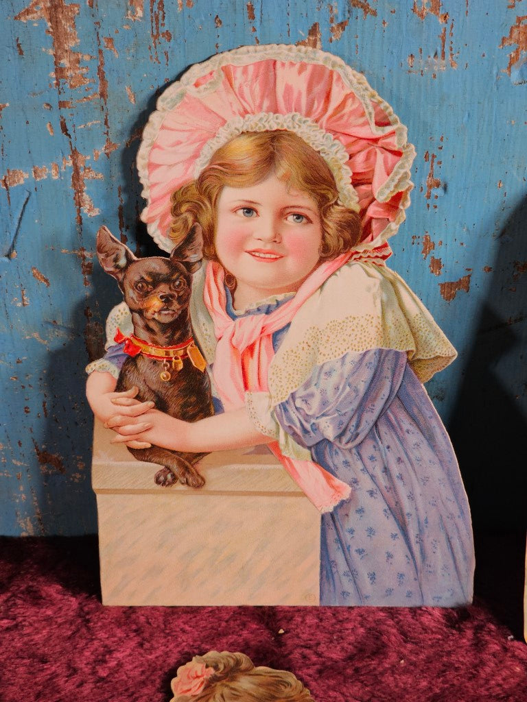 Grouping Of Antique Victorian Die Cuts Including Girl With Chihuaha