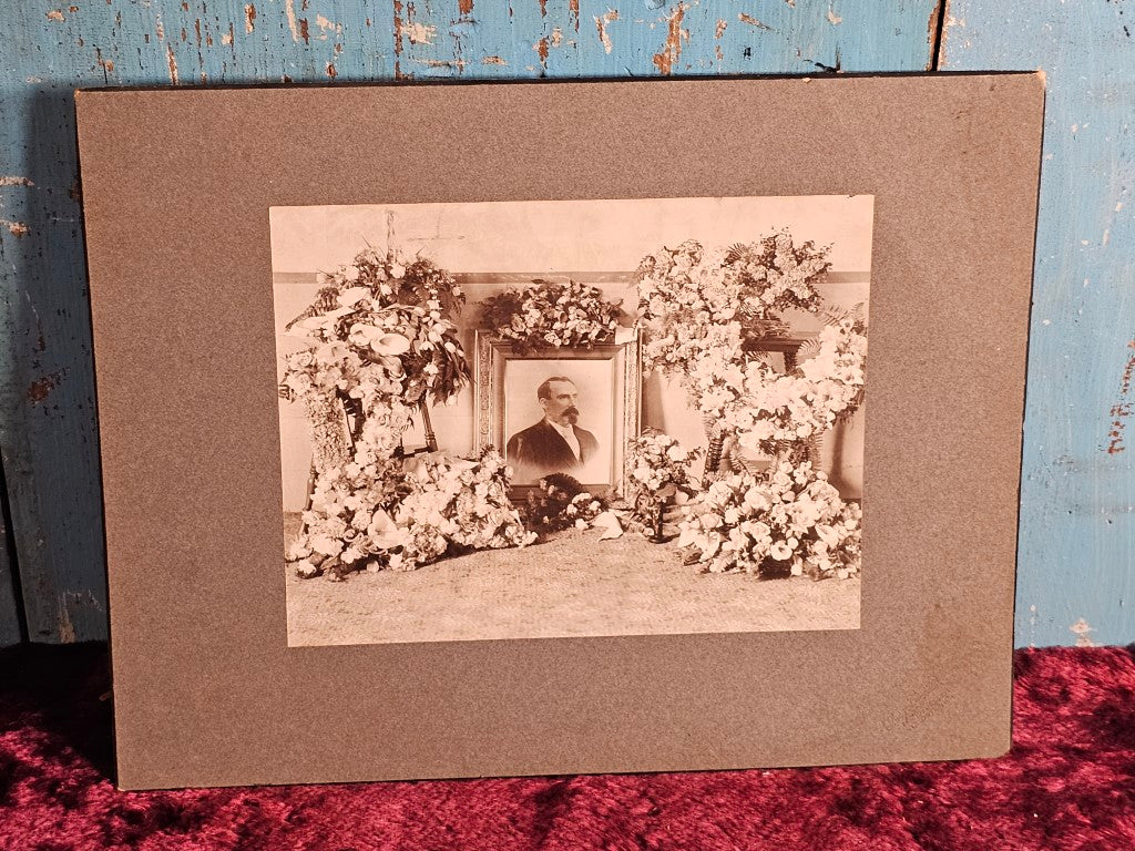 Large Boarded Photo Of Funeral Flowers With Portrait Of Decedent