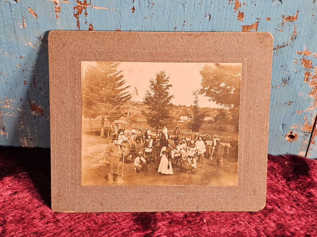 Antique Boarded Photo Of A Performance Troop Or Band In Costume, Masks And Clowns And More