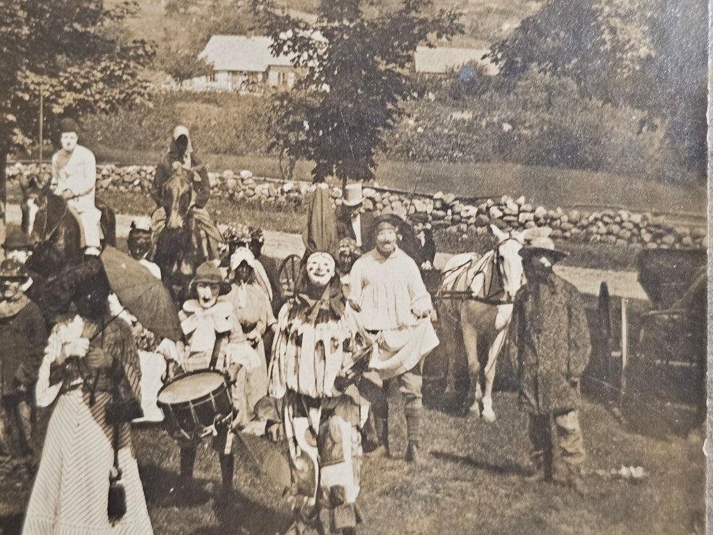 Antique Boarded Photo Of A Performance Troop Or Band In Costume, Masks And Clowns And More