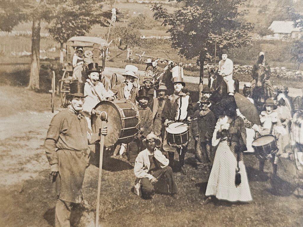 Antique Boarded Photo Of A Performance Troop Or Band In Costume, Masks And Clowns And More