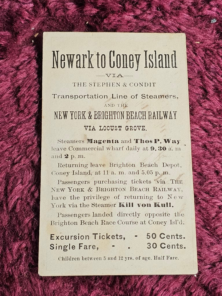 Newark To Coney Island Steamship Company Trade Card, Magenta & Thos.P. Way.