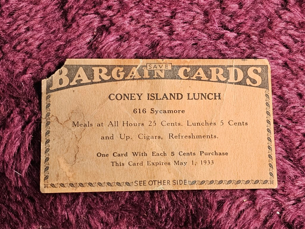 Coney Island Lunch Bargain Card, 1933, Loss To Corner