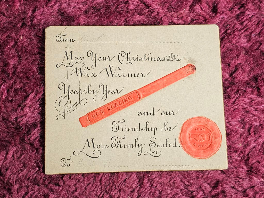 Red Sealing Wax Christmas Trade Card, Hands Shaking Motif, Tout A Vous