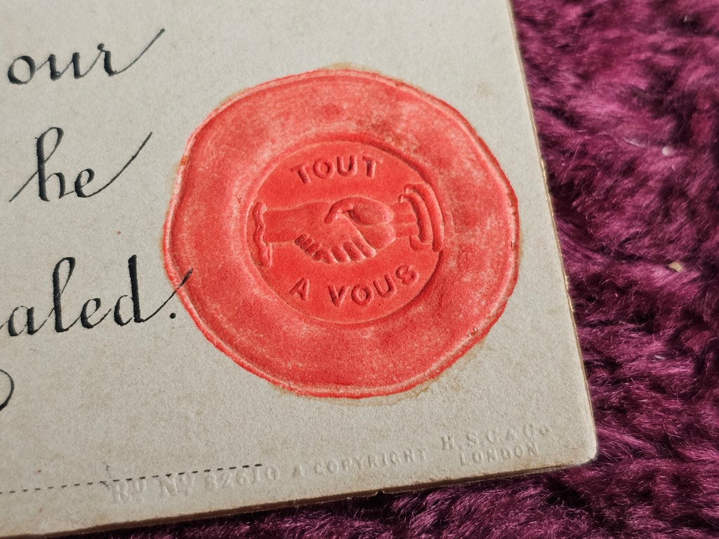 Red Sealing Wax Christmas Trade Card, Hands Shaking Motif, Tout A Vous