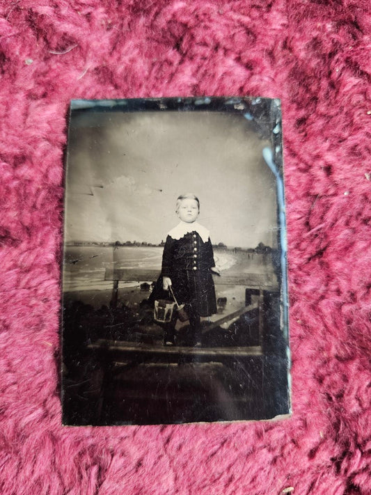 Tintype Of Boy At Beach Holding Pail