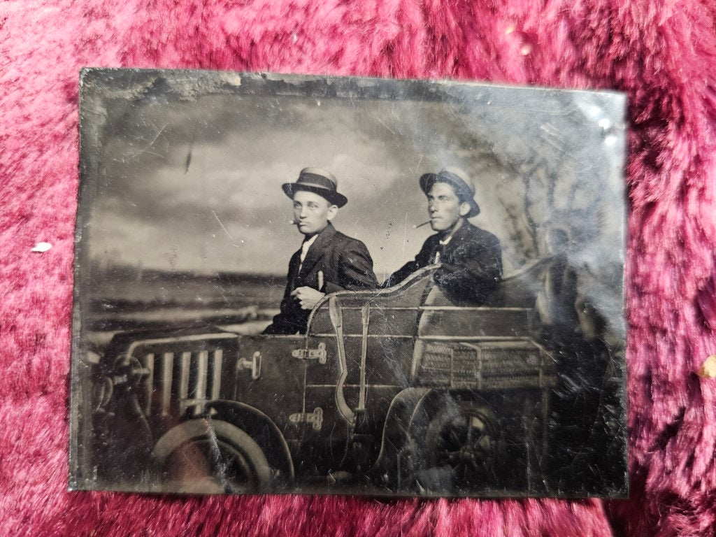 Tintype Of Two Men In Early Automobile