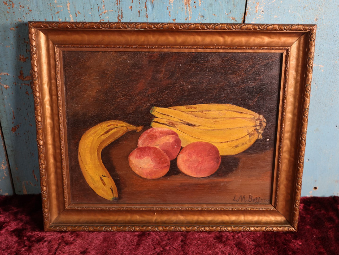 Lot 001 - Antique Oil On Canvas Still Life Painting Of Bananas And Peaches In Frame, Signed L.M. Bottoms, Framed