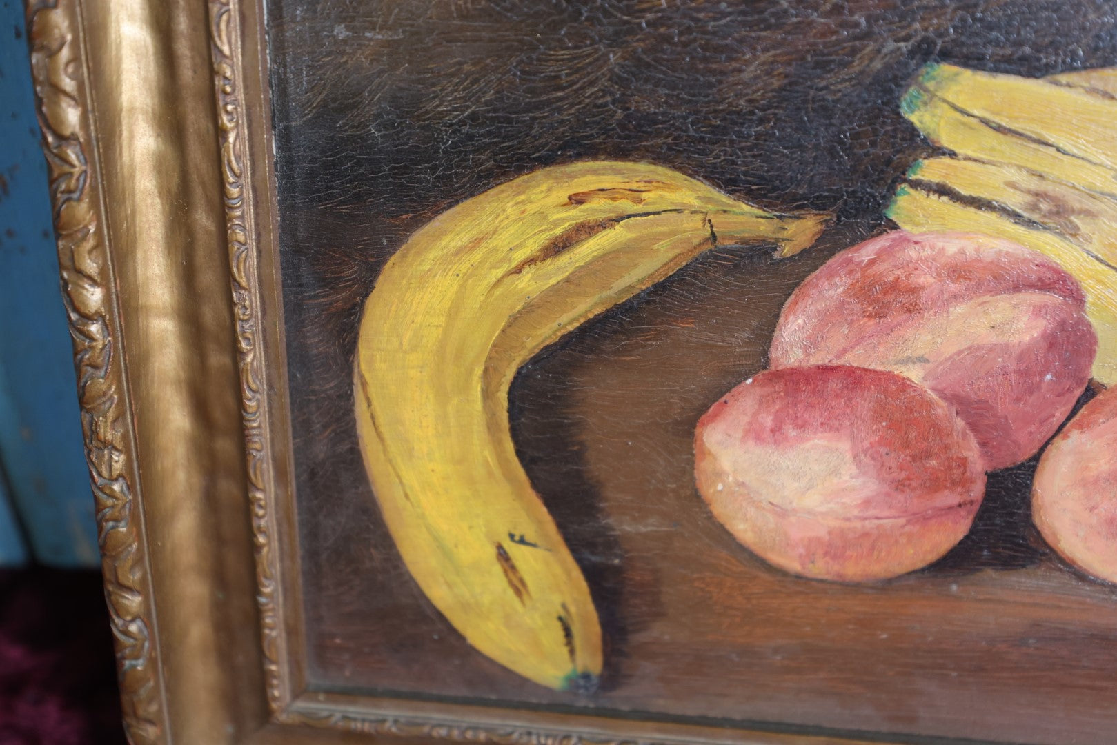 Lot 001 - Antique Oil On Canvas Still Life Painting Of Bananas And Peaches In Frame, Signed L.M. Bottoms, Framed