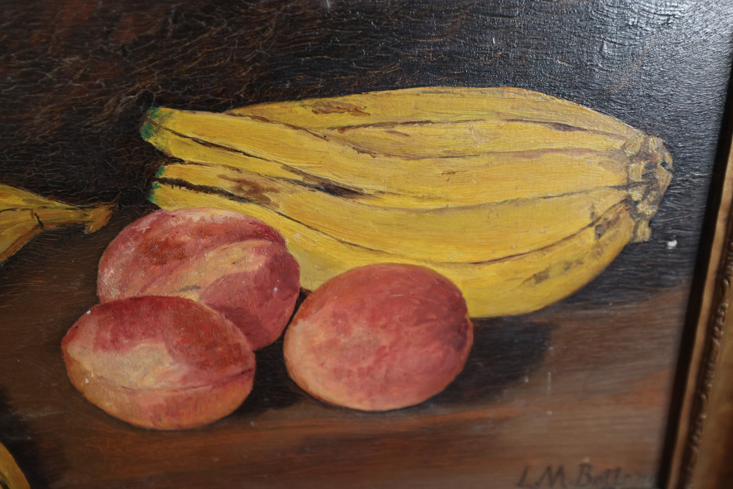 Lot 001 - Antique Oil On Canvas Still Life Painting Of Bananas And Peaches In Frame, Signed L.M. Bottoms, Framed