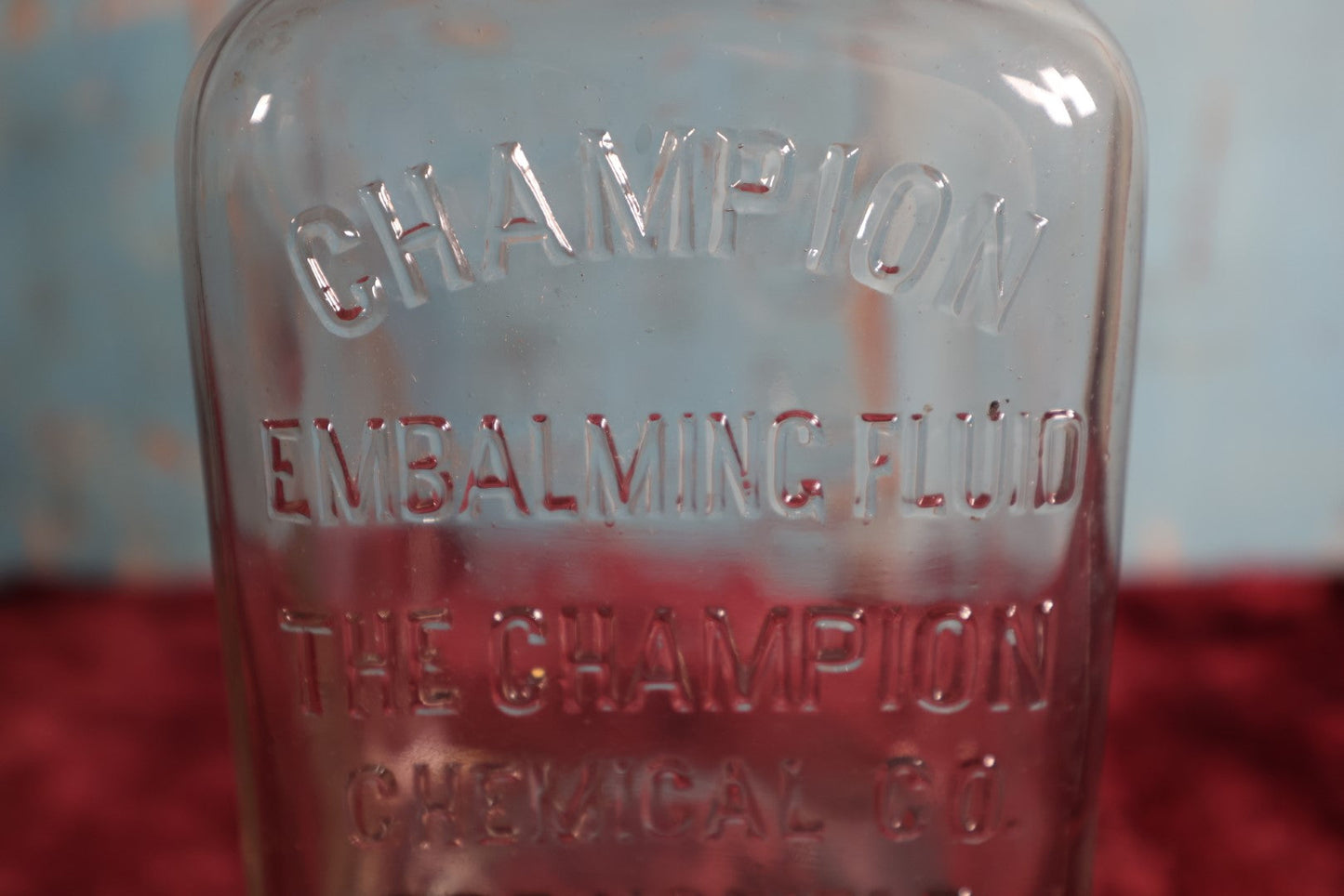 Lot 002 - Antique Champion Embalming Fluid Poison Bottle, The Champion Chemical Company, Springfield, Ohio, 56 Oz, Chipping On Lip