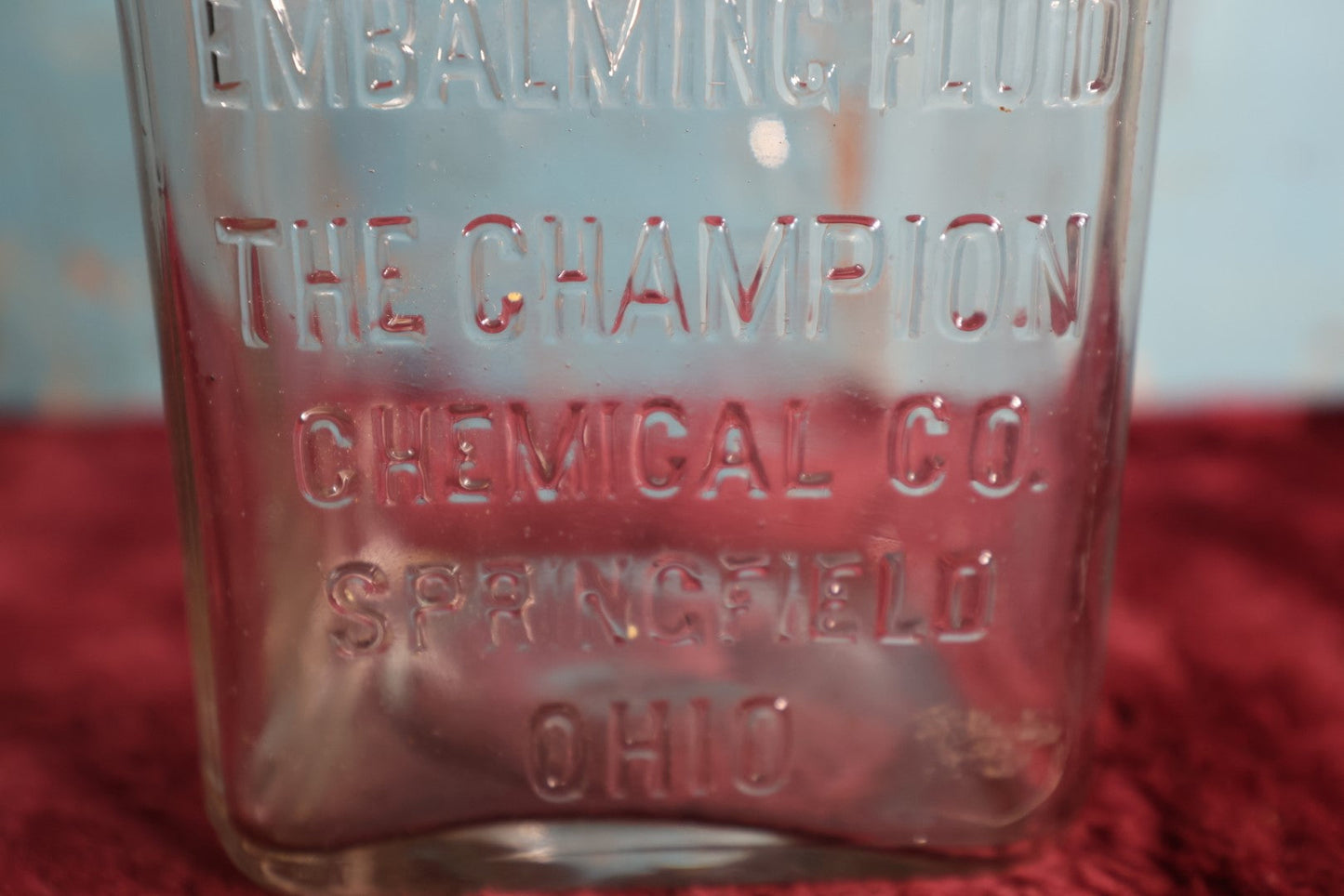 Lot 002 - Antique Champion Embalming Fluid Poison Bottle, The Champion Chemical Company, Springfield, Ohio, 56 Oz, Chipping On Lip