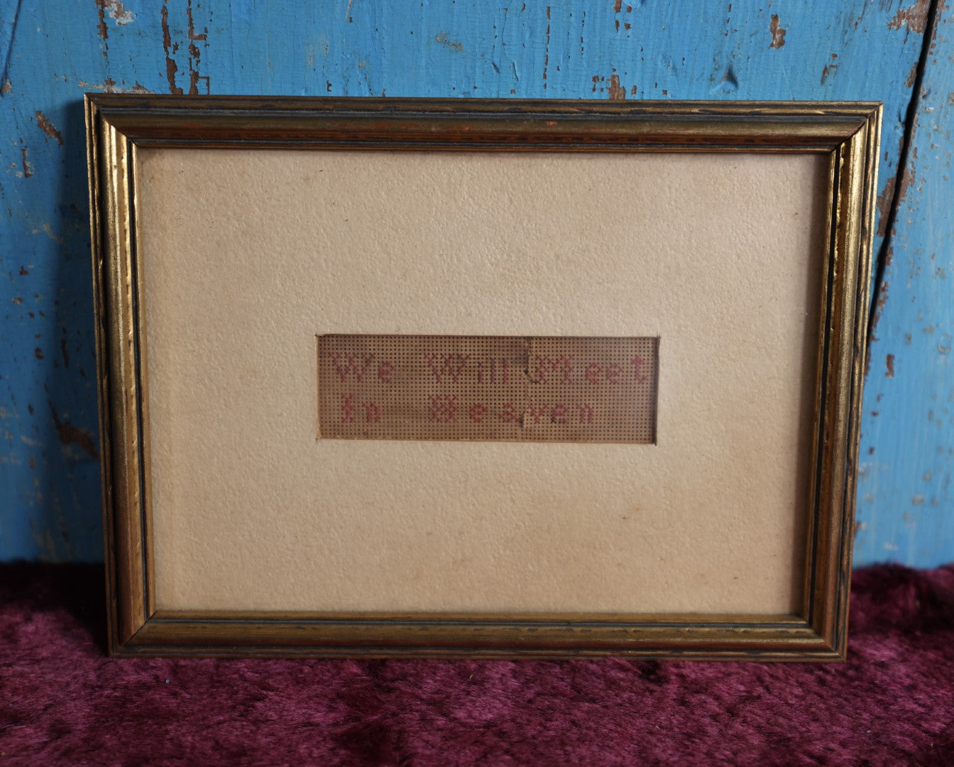 Lot 004 - Antique Punchwork Memorial Embroidery, "We Will Meet In Heaven," In Modern Frame