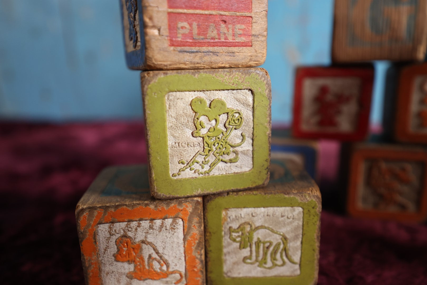 Lot 016 - Grouping Of Twenty Vintage Disney Mickey Mouse Alphabet Blocks, Wood