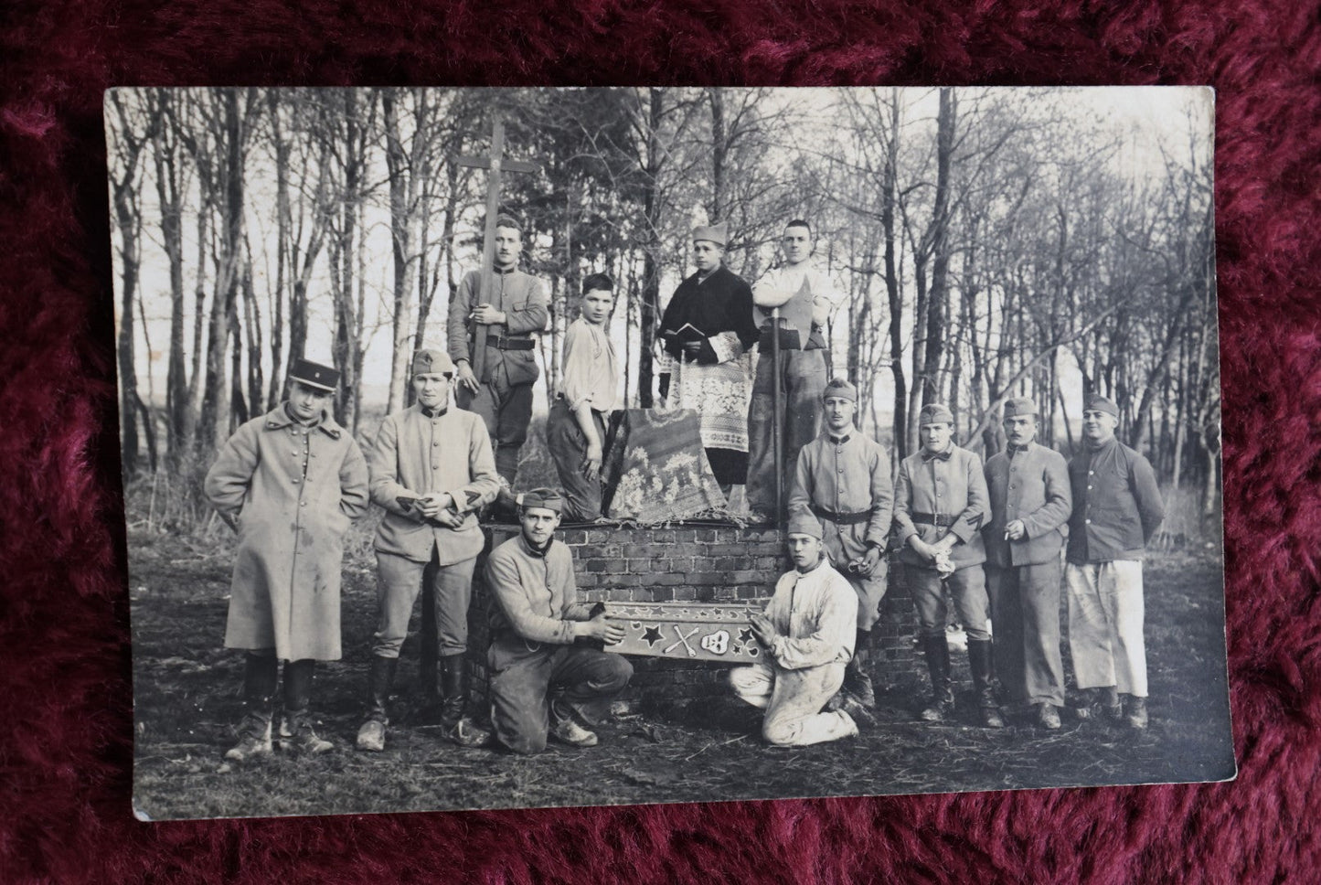 Lot 018 - Antique Rppc French Real-Photo Postcard Of Men Holding Folk Art Casket With Skull And Crossbones