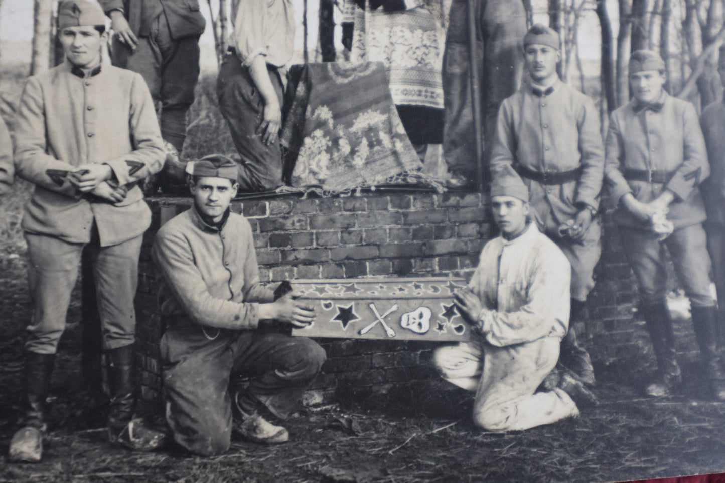 Lot 018 - Antique Rppc French Real-Photo Postcard Of Men Holding Folk Art Casket With Skull And Crossbones