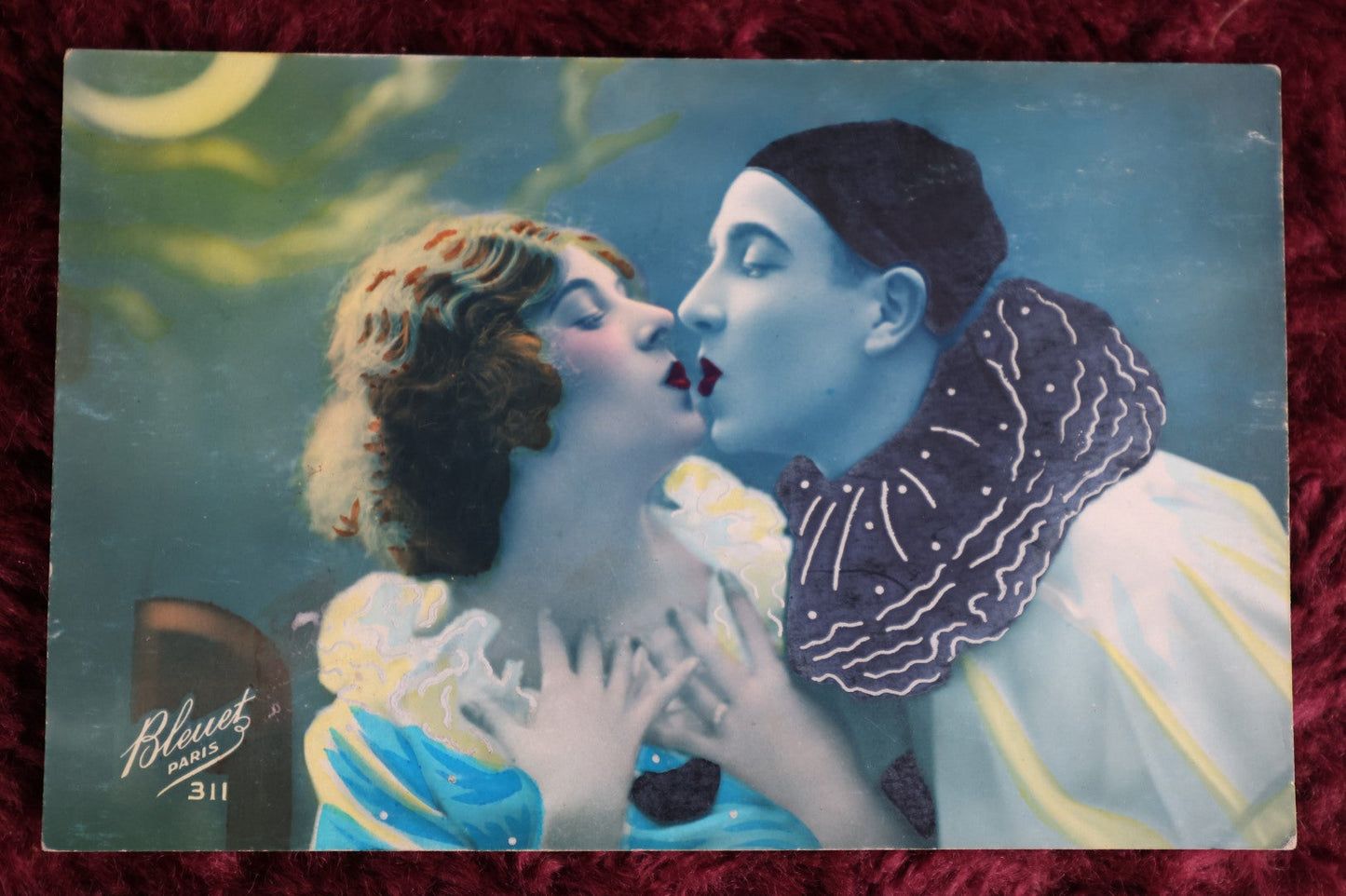 Lot 020 - Antique French Postcard, Clown Kissing Woman, Bleuet, 311 Mark