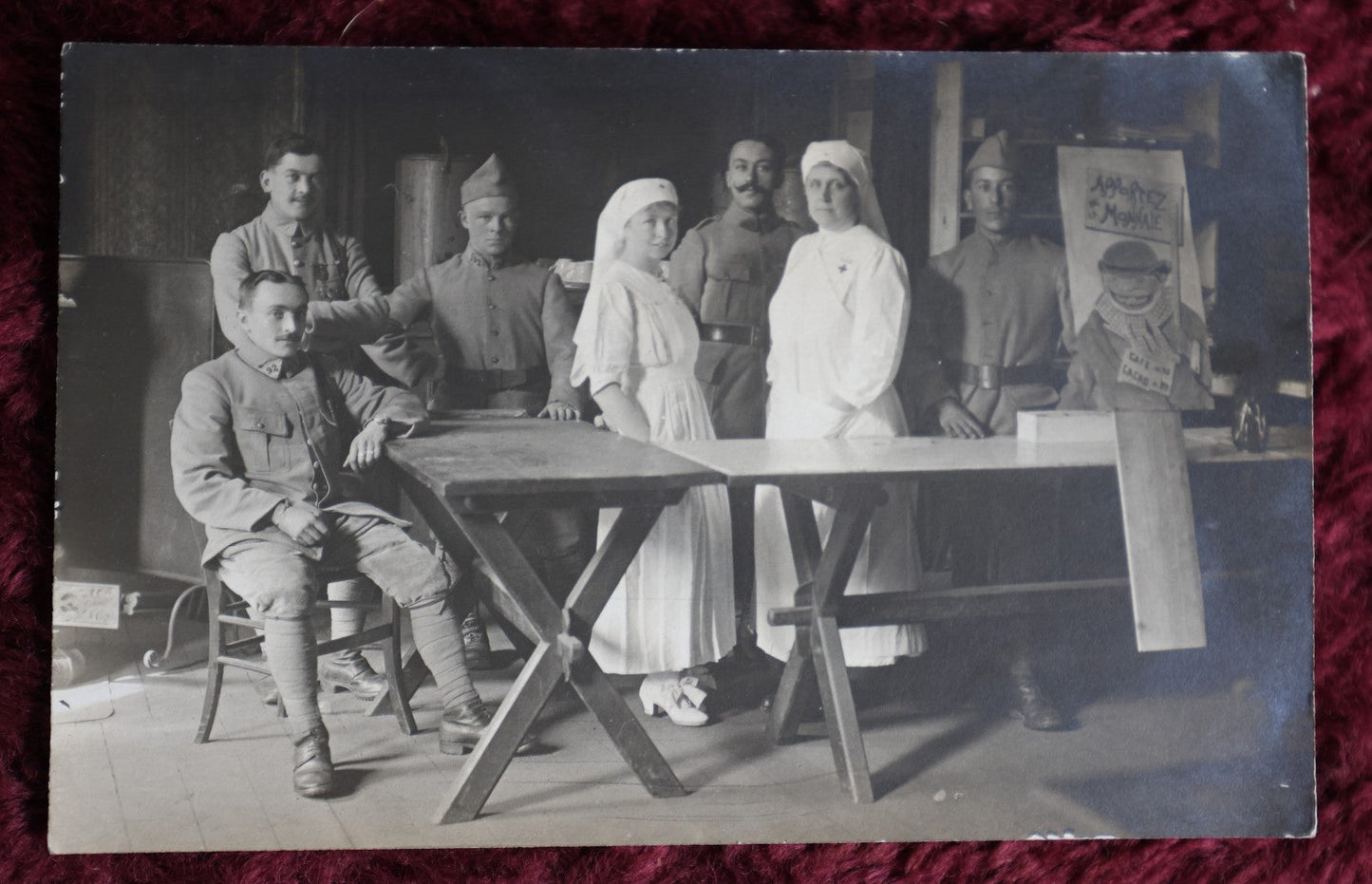 Lot 023 - Antique French Rppc Real Photo Postcard Of World War I Soldiers And Nurses, Propaganda Poster