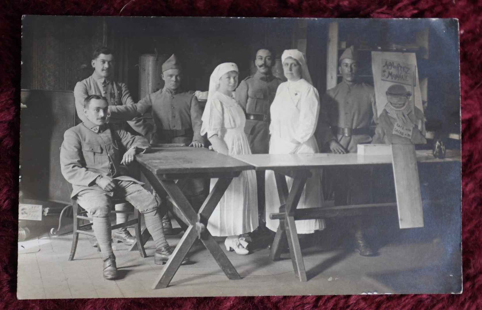 Lot 023 - Antique French Rppc Real Photo Postcard Of World War I Soldiers And Nurses, Propaganda Poster