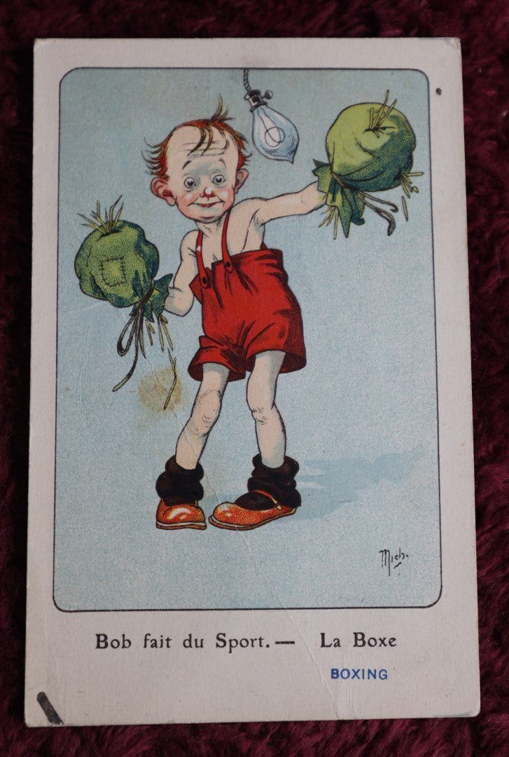 Lot 025 - Antique French Cartoon Postcard, Little Boy Boxer, "Bob Plays Sports," Signed Mich