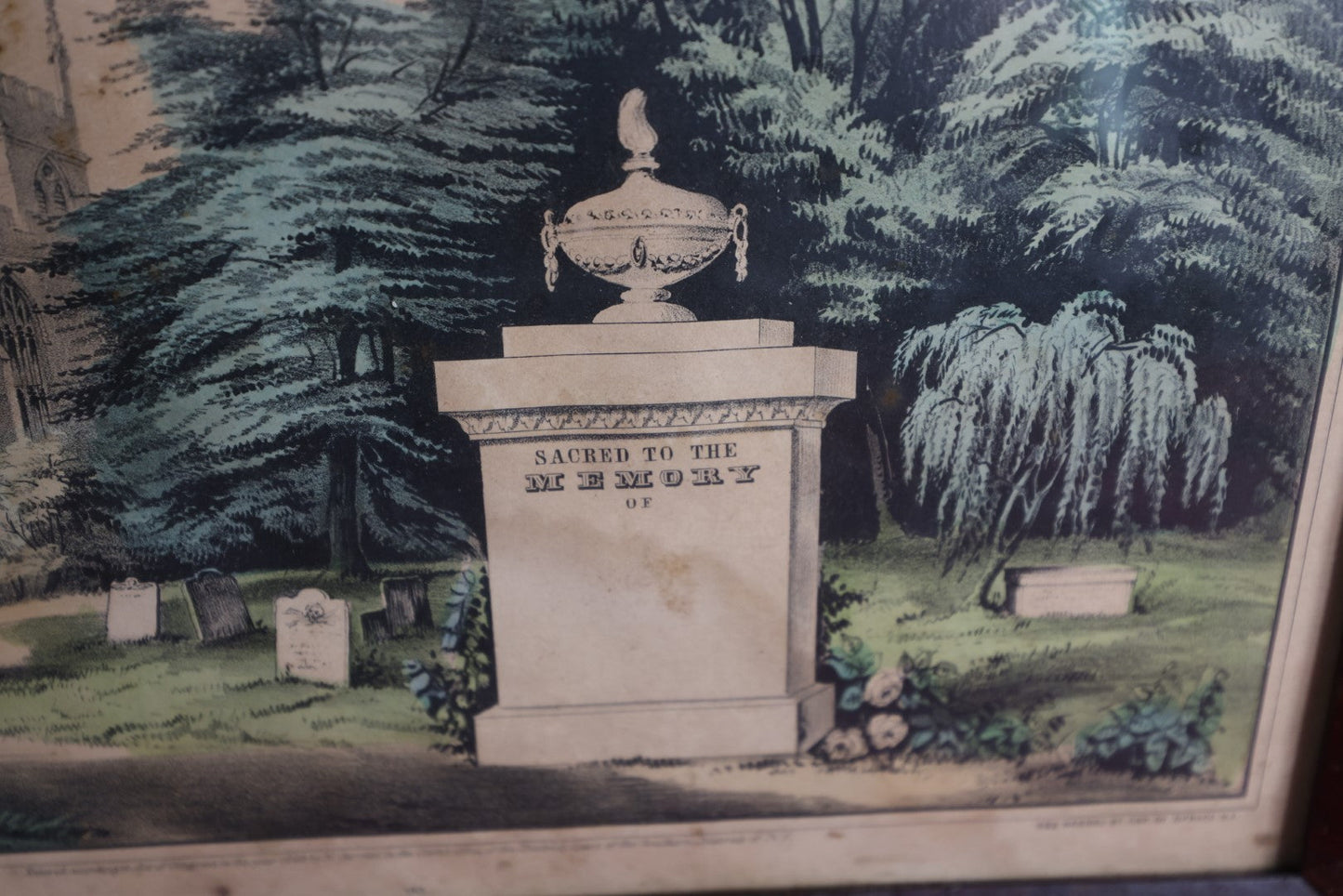 Lot 029 - Antique Hand Colored Mourning Lithograph Featuring Grave Site And Weeping Willow, Published By N. Currier, 1849