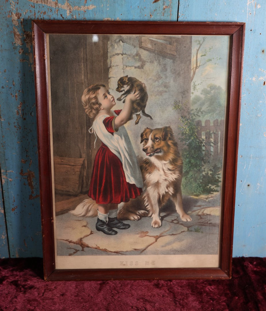 Lot 030 - Antique Print Of Girl Kissing Puppy With Bigger Dog Looking On, Titled "Kiss Me," Original Painting By Goerge A. Holmes